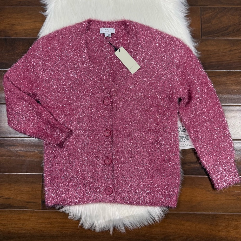 Never Fully Dressed Size Small Pink Metallic Eyelash Fuzzy Knit Cardigan Sweater